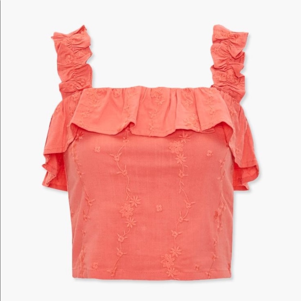 Forever 21 Embroidered Flounce Crop Top in Coral Pink Orange Small